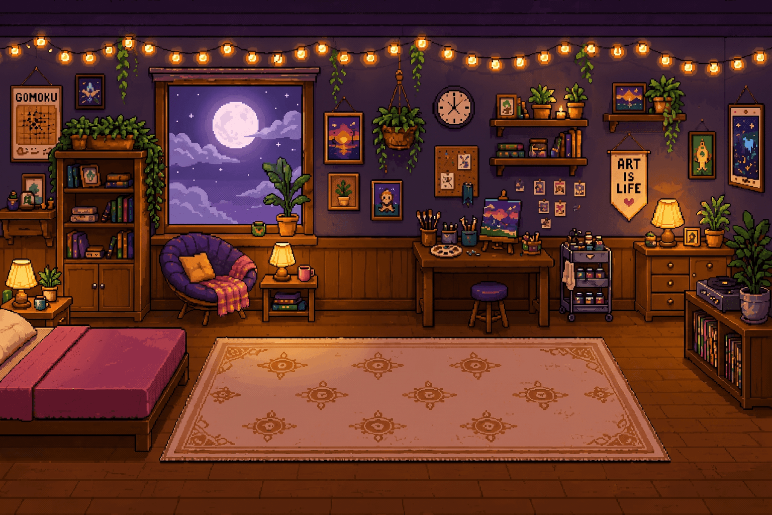 Ottie's room at night, with the moon above the window